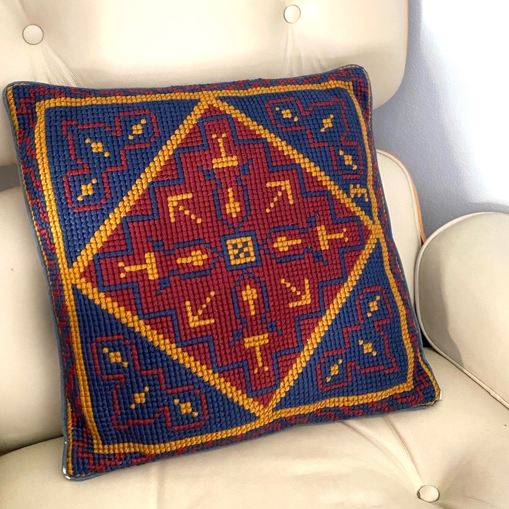 Vintage Needlepoint Cushion Couch Throw Pillow Velvet Geo Mid Century Crewel